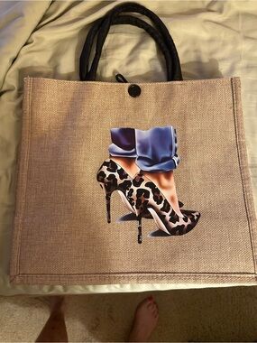 New Natural Jute Tote Bag with Black Handles and Leopard Shoe Print